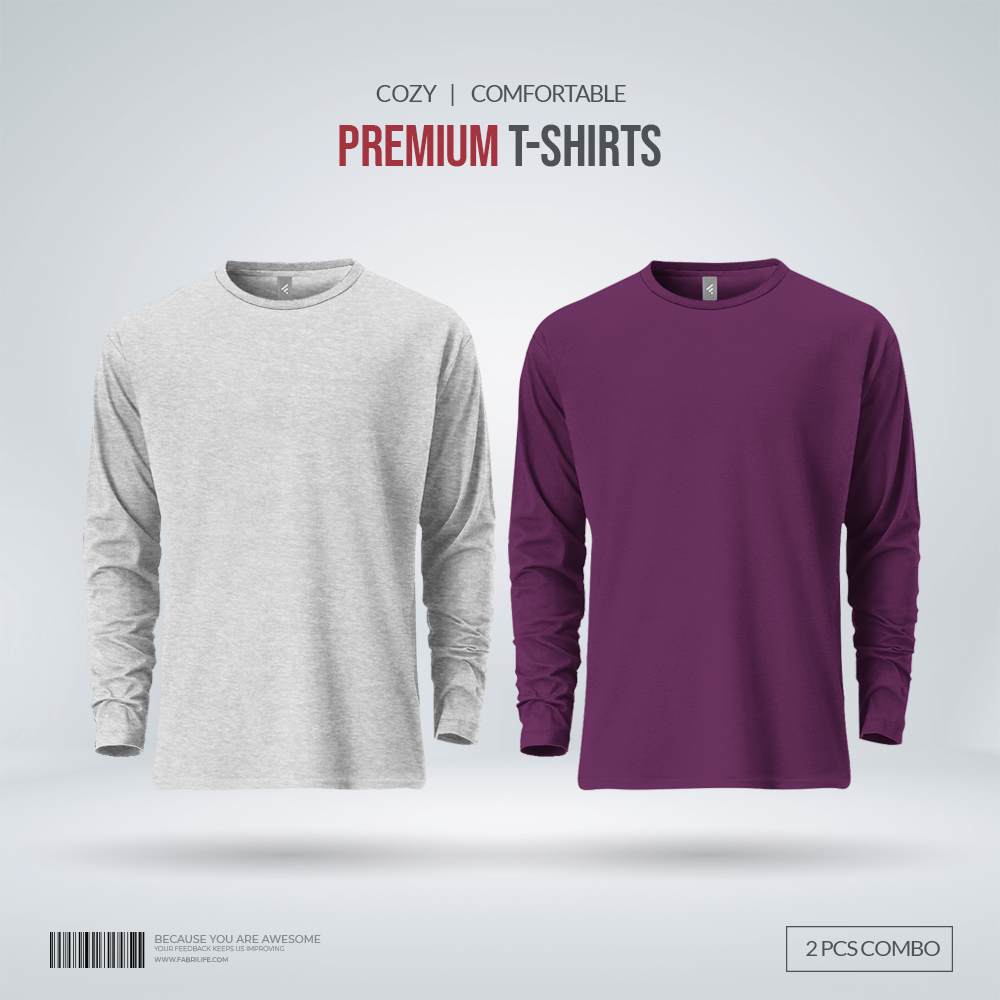 Mens Premium Blank Full Sleeve T Shirt Combo | Gray Melange, Purple